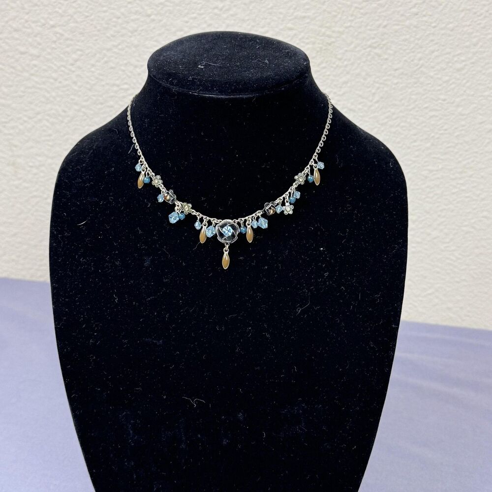 Baked Beads Necklace Gold Tone Aqua Glass Bead Floral Charm Station Womens 18"